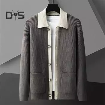 Мужской свитер, пальто, толстый, цветной, застежка на пуговицы, отложной воротник, трикотажный, свободный, сохраняющий тепло, куртка, осень-зима, кардиган, верхняя одежда M абрикосовый