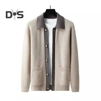 Мужской свитер, пальто, толстый, цветной, застежка на пуговицы, отложной воротник, трикотажный, свободный, сохраняющий тепло, куртка, осень-зима, кардиган, верхняя одежда M чёрный