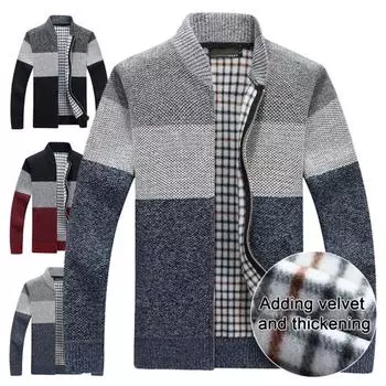 Мужской свитер, пальто, толстый плюш, цветные блоки, застежка-молния, воротник-стойка, трикотажная свободная, сохраняющая тепло куртка, осенне-зимний кардиган, верхняя одежда M серый