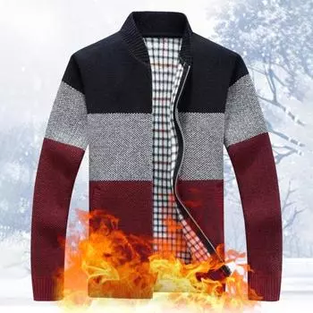 Мужской свитер, пальто, толстый плюш, цветные блоки, застежка-молния, воротник-стойка, трикотажная свободная, сохраняющая тепло куртка, осенне-зимний кардиган, верхняя одежда M красный
