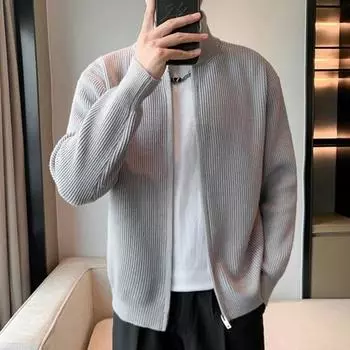 Мужской свитер, пальто, застежка-молния, трикотаж, эластичный, длинные рукава, воротник-стойка M чёрный