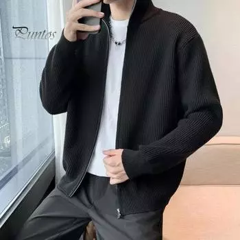 Мужской свитер, пальто, застежка-молния, трикотаж, эластичный, с длинными рукавами, воротником-стойкой, верхняя одежда, однотонный повседневный кардиган, повседневная школьная куртка средней длины M абрикосовый