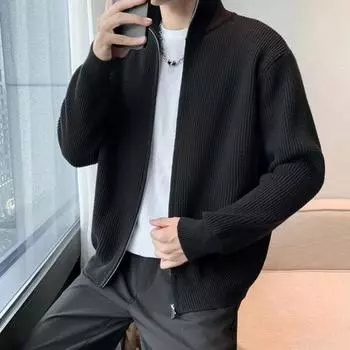 Мужской свитер, пальто, застежка-молния, трикотаж, эластичный, с длинными рукавами, воротником-стойкой, верхняя одежда, однотонный повседневный кардиган, повседневная школьная куртка средней длины M абрикосовый