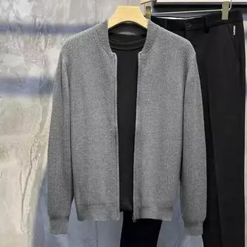 Мужской свитер, пальто, застежка-молния, трикотаж, эластичный, с длинными рукавами, с круглым вырезом, верхняя одежда, чистый цвет, большие размеры, свободный, повседневный кардиган, повседневная одежда, куртка средней длины L серый