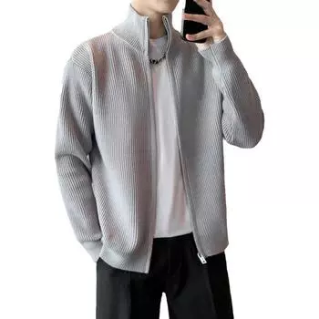 Мужской свитер, пальто, застежка-молния, трикотаж, эластичный, с длинными рукавами, воротником-стойкой, верхняя одежда, однотонный повседневный кардиган, повседневная школьная куртка средней длины M абрикосовый