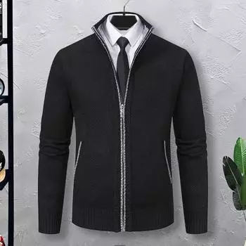 Мужской свитер, пальто, застежка-молния, воротник-стойка, длинные рукава, однотонный, большого размера, облегающий, плотная верхняя одежда, эластичная, повседневная, осенне-зимняя куртка XL чёрный