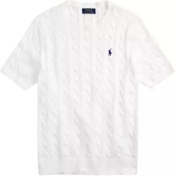 Мужской свитер Polo Ralph Lauren однотонный с вышивкой логотипа, кабельной вязки, с круглым вырезом и коротким рукавом, белый MNPOSWE1N820026-100 XL