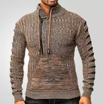 Мужской свитер-пуловер с воротником-стойкой на молнии, повседневный облегающий трикотажный свитер с завязками на шее и карманом, осенне-зимний трикотаж с длинным рукавом, трикотажные топы для мужчин S белый