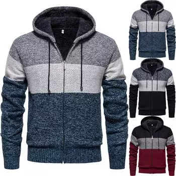 Мужской свитер с цветными блоками и толстым бархатом, повседневный вязаный свитер, модная куртка с капюшоном для мужчин M синий