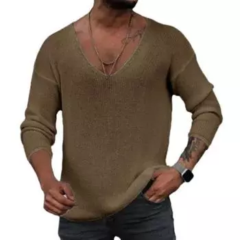 Мужской свитер с длинными рукавами и v-образным вырезом на весну и осень, свободный однотонный пуловер, топы, простые повседневные вязаные футболки M кофейный