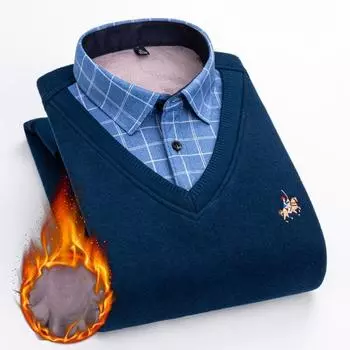 Мужской свитер с длинными рукавами, вышитый свитер, плюшевый утолщенный термоповседневный трикотажный свитер, рубашка L синий