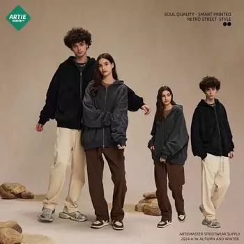 «Мужской свитер с капюшоном и двойной молнией 2024 года: 450 г, свободный крой, прорезной дизайн, повседневный модный кардиган для осени/зимы. L