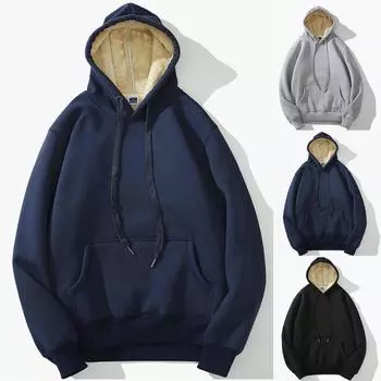 Мужской свитер с капюшоном и шнурком, однотонная утолщенная плюшевая куртка XXL чёрный