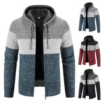 Мужской свитер с капюшоном, пальто, цветной блок, с длинным рукавом, на шнурке, приталенный, осенне-зимний, с плюшевой подкладкой, вязаный кардиган, свитер, уличная одежда M темно-синий