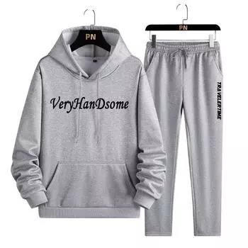 Мужской свитер с капюшоном, состоящий из двух частей, флисовый утеплитель, повседневный спортивный комплект с длинными рукавами, мужской комплект M