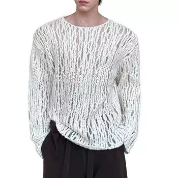 Мужской свитер с круглым вырезом, длинным рукавом, ажурный, сексуальный, прозрачный пуловер, однотонный вязаный топ, повседневная рабочая уличная одежда M белый