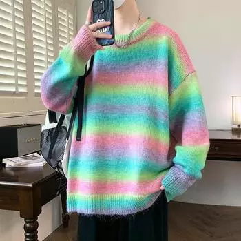 Мужской свитер с круглым вырезом и градиентной расцветкой тай-дай — радужные полосы, свободный крой, модный сезон осень/зима. 3XL(185) синий