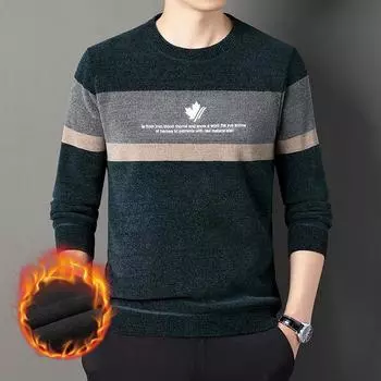 Мужской свитер с круглым вырезом из синели, зимний флис, очень толстый жаккард, средний возраст, большой размер, теплая трикотажная основа M