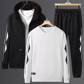 Мужской свитер с круглым вырезом, комплект из трех предметов, спортивный костюм больших размеров на осень и зиму L чёрный