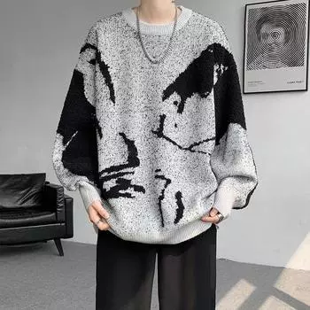 Мужской свитер с круглым вырезом Контрастные пуловеры Трикотажные повседневные толстовки Y2K Пуловеры для мужчин L чёрный