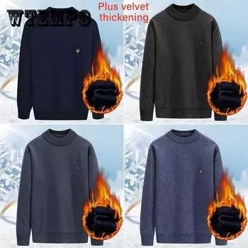 Мужской свитер с круглым вырезом, осень-зима, бархатный толстый теплый пуловер, нижняя рубашка с вышивкой, мягкое повседневное нижнее белье для людей среднего и пожилого возраста 2XL темно серый