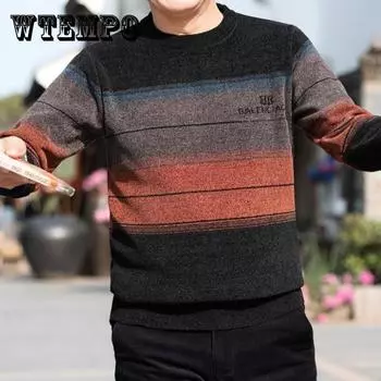 Мужской свитер с круглым вырезом, осенне-зимний, плюс бархатная толстая теплая рубашка, трикотажный полосатый свитер с буквами, мягкий повседневный свитер, термобелье 4XL