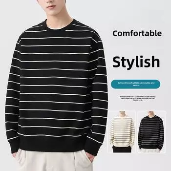 Мужской свитер с круглым вырезом, полосатая рубашка с длинными рукавами на весну и осень M чёрный