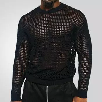 Мужской свитер с круглым вырезом, трикотажный, прозрачный, с длинными рукавами, тонкий, однотонный, для ночного клуба, вечеринки, выступления, футболка M чёрный