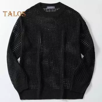 Мужской свитер с круглым вырезом, трикотажный, прозрачный, с длинными рукавами, тонкий, однотонный, для ночного клуба, вечеринки, выступления, футболка M чёрный