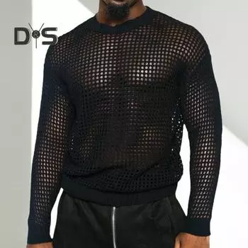 Мужской свитер с круглым вырезом, трикотажный, прозрачный, с длинными рукавами, тонкий, однотонный, для ночного клуба, вечеринки, выступления, футболка M чёрный