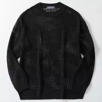 Мужской свитер с круглым вырезом, трикотажный, прозрачный, с длинными рукавами, тонкий, однотонный M чёрный