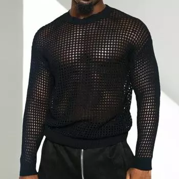 Мужской свитер с круглым вырезом, трикотажный, прозрачный, с длинными рукавами, тонкий, однотонный, для ночного клуба, вечеринки, выступления, футболка M чёрный