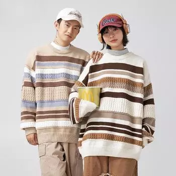 Мужской свитер с круглым вырезом в японском стиле, свободная повседневная рубашка в полоску, лоскутное вязание на осень-зиму M