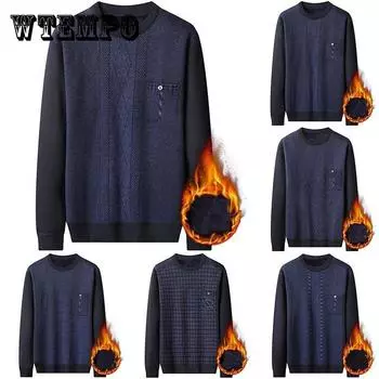 Мужской свитер с круглым вырезом, зимний плюс, бархатный, толстый, теплый, трикотажный, полосатый, с карманами на пуговицах, нижняя рубашка, повседневное нижнее белье для людей среднего и пожилого возраста 3XL