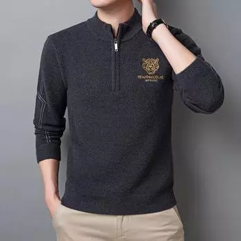 Мужской свитер с полуворотом, зимняя новинка, молодежная мода, вышивка, воротник-молния, облегающий крой, универсальная базовая рубашка для мужчин 48/M/105