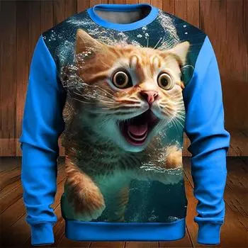 Мужской свитер с принтом испуганного кота, длинный рукав, свободный, круглый вырез, хип-хоп, уличная мода, осенняя мужская одежда S