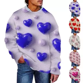 Мужской свитер с принтом ко Дню святого Валентина, толстовка с круглым вырезом, свободный топ с длинными рукавами L синий