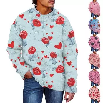 Мужской свитер с принтом ко Дню святого Валентина, толстовка с круглым вырезом, свободный топ с длинными рукавами L чёрный