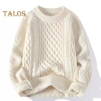 Мужской свитер с ромбовидной текстурой, свободный, толстый, с круглым вырезом, однотонный, с длинными рукавами, эластичный трикотаж, повседневная одежда, школьный свитер M белый