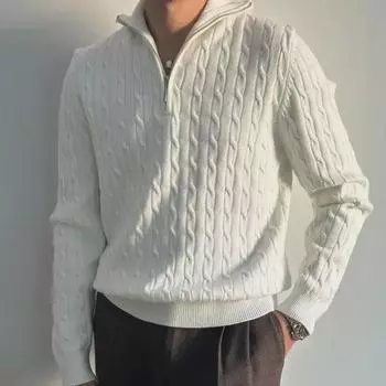 Мужской свитер с толстой вязкой и полумолнией в корейском стиле, осень 2024 г. L белый