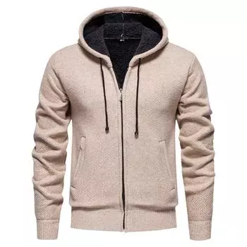 Мужской свитер с толстым бархатом, повседневный вязаный свитер, модная куртка с капюшоном для мужчин L бежевый