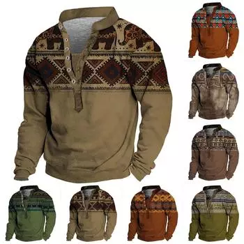 Мужской свитер с v-образным вырезом и воротником-стойкой с 3D цифровой печатью и винтажным воротником на 6 пуговицах L