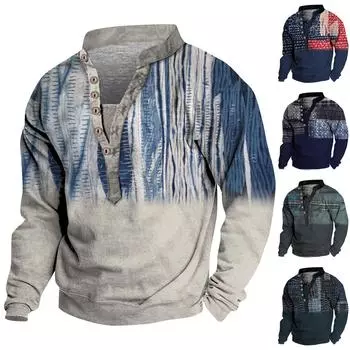 Мужской свитер с v-образным вырезом и воротником-стойкой с 3D цифровой печатью и винтажным воротником на 6 пуговицах L серый