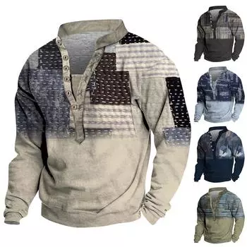 Мужской свитер с v-образным вырезом и воротником-стойкой с 3D цифровой печатью и винтажным воротником на 6 пуговицах L