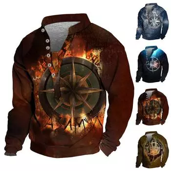 Мужской свитер с v-образным вырезом и воротником-стойкой с 3D цифровой печатью и винтажным воротником на 6 пуговицах L чёрный