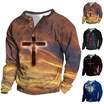 Мужской свитер с v-образным вырезом и воротником-стойкой с 3D цифровой печатью и винтажным воротником на 3 пуговицах L чёрный