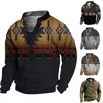 Мужской свитер с v-образным вырезом и воротником-стойкой с 3D цифровой печатью и винтажным воротником на 6 пуговицах L бежевый