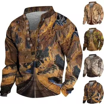 Мужской свитер с v-образным вырезом и воротником-стойкой с 3D цифровой печатью и винтажным воротником на 6 пуговицах XXL коричневый