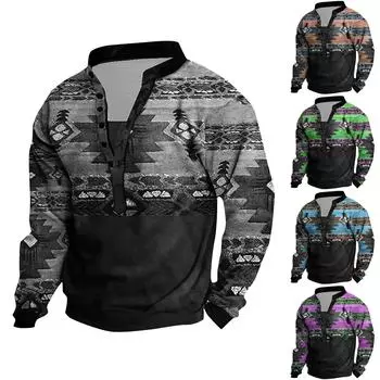 Мужской свитер с v-образным вырезом и воротником-стойкой с 3D цифровой печатью и винтажным воротником на 6 пуговицах M серый