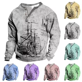 Мужской свитер с v-образным вырезом и воротником-стойкой с 3D цифровой печатью и винтажным воротником на 3 пуговицах L синий